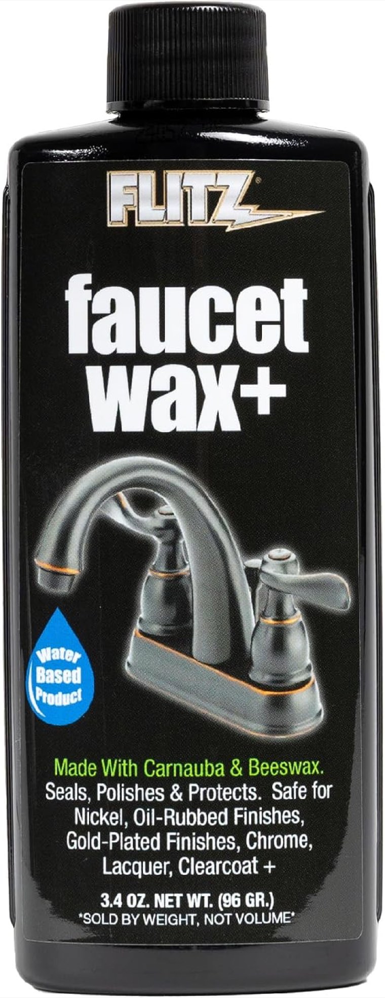 Flitz Faucet Wax Plus - 3.4oz Bottle of USA-Made, Water-Based Faucet Cleaner &